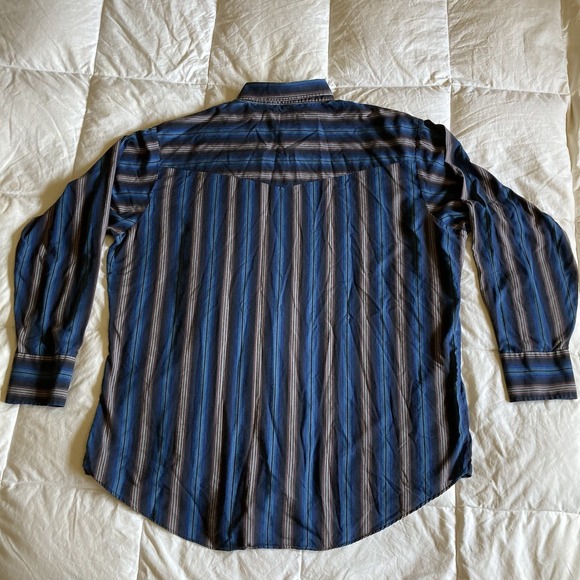 Vintage ELY Cattleman Men's XL Pearl Snap  LS Shirt Stripe Blue Brown Western - Picture 8 of 13